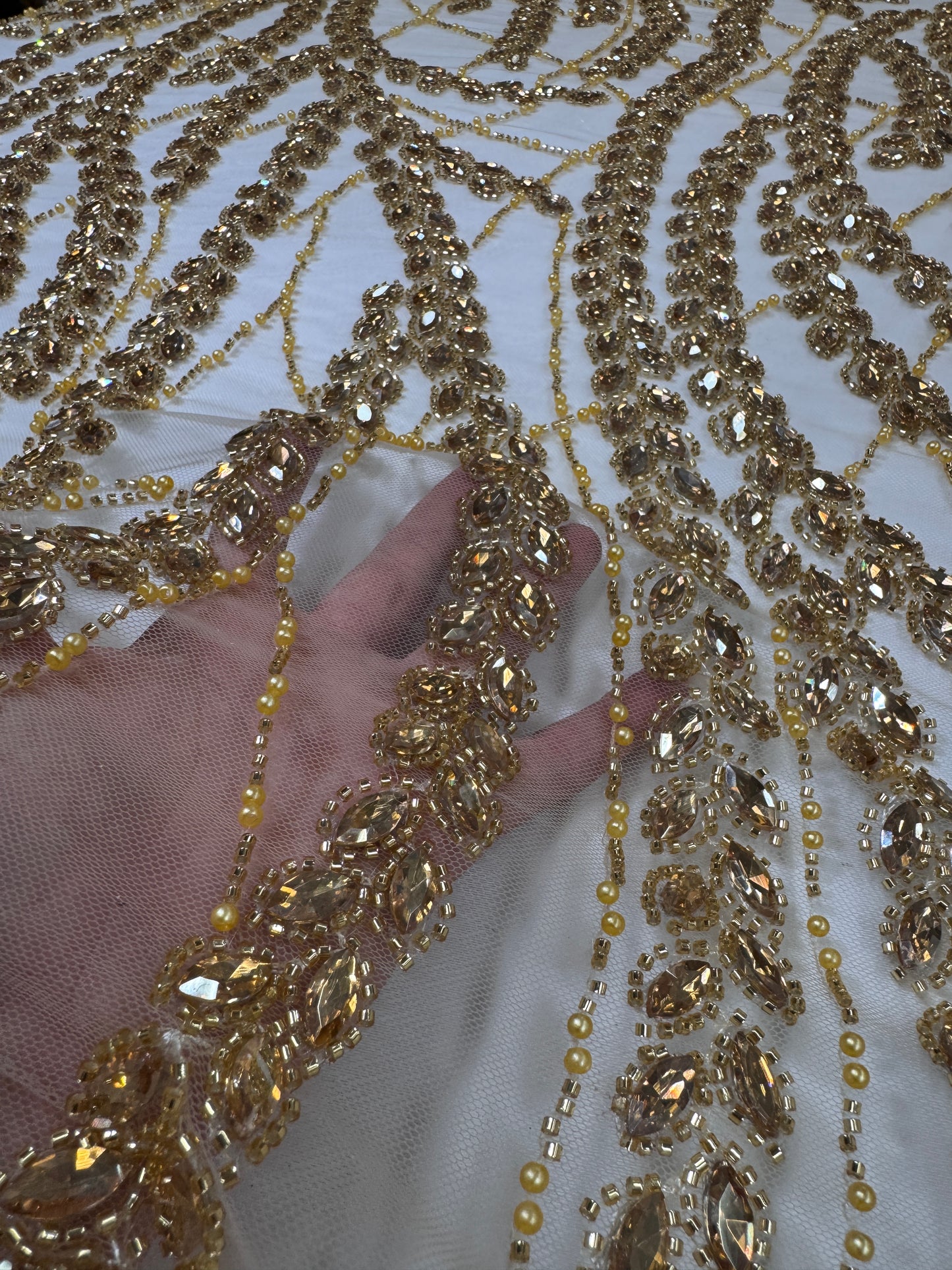 Rhinestone beaded lace wave design