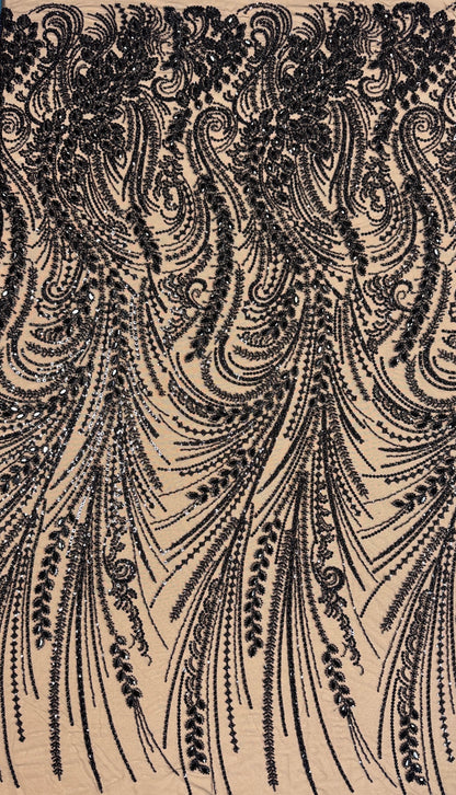 Rhinestone beaded lace with pearls swirl design