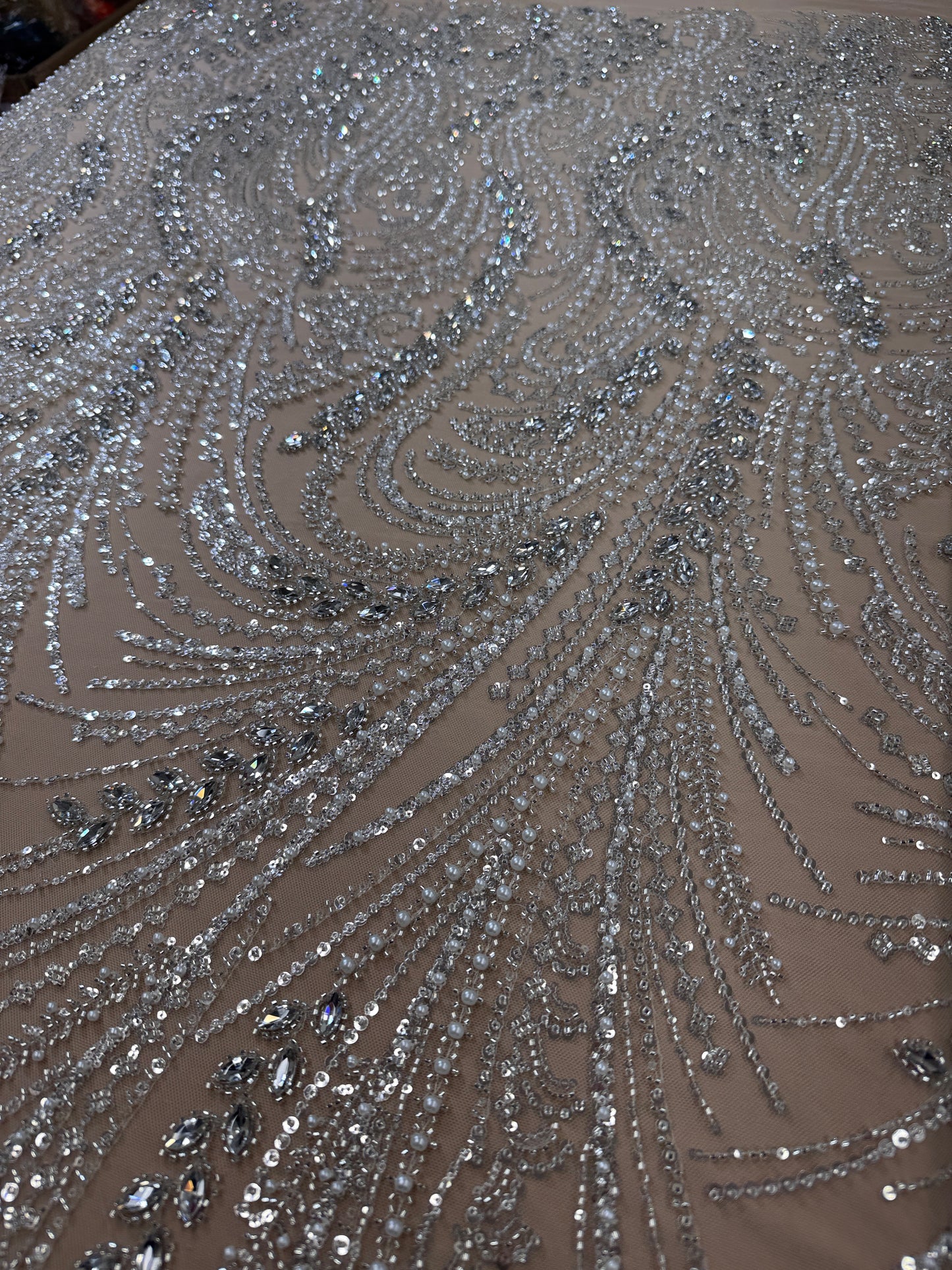 Rhinestone beaded lace with pearls swirl design