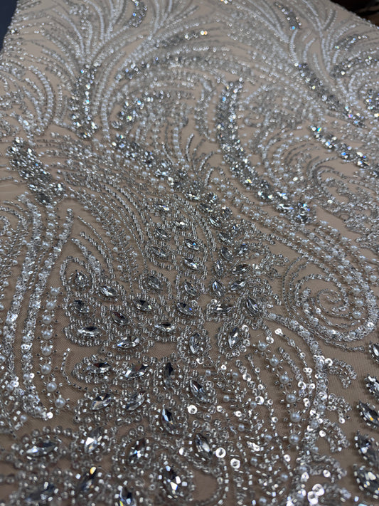 Rhinestone beaded lace with pearls swirl design