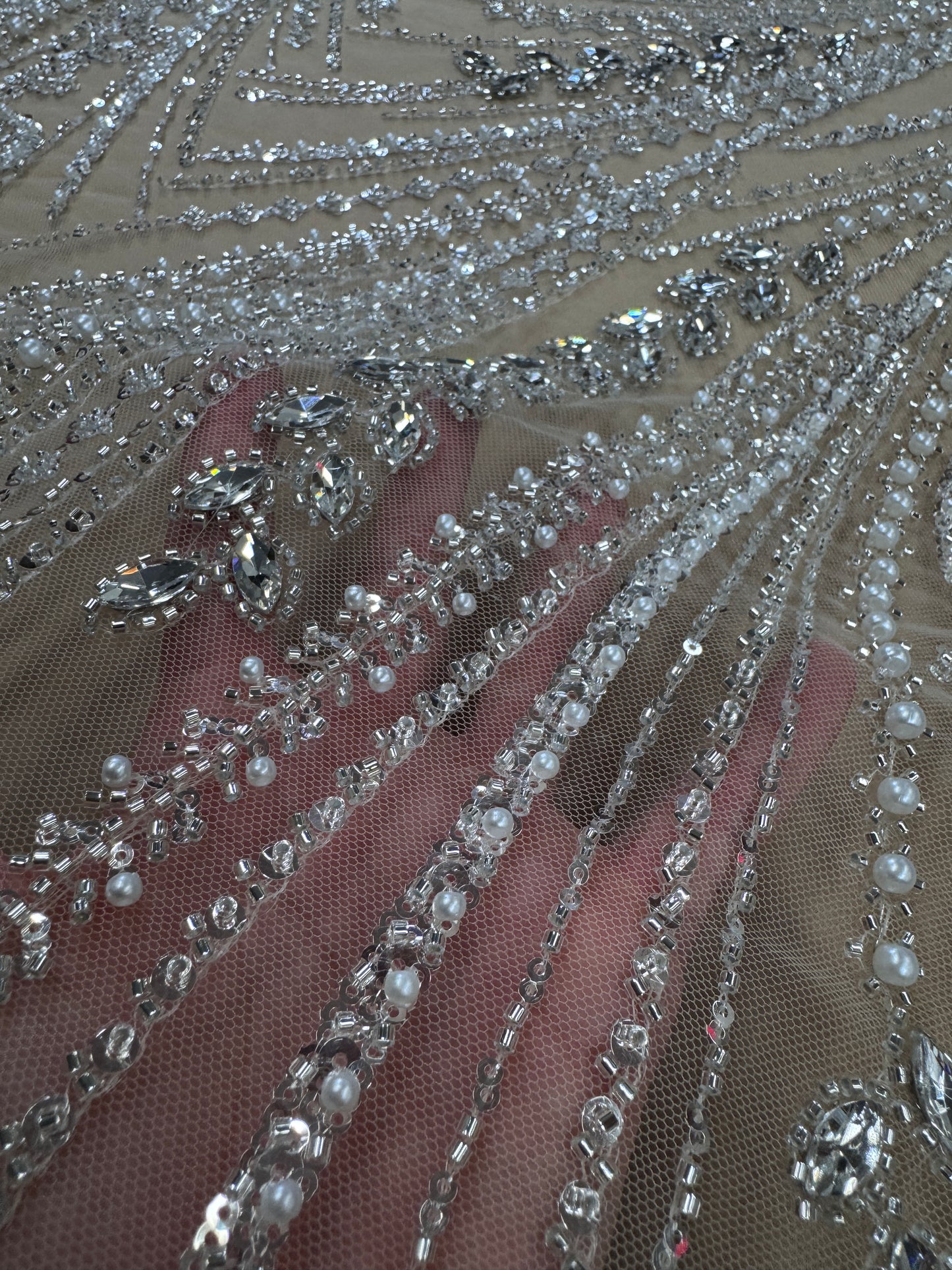 Rhinestone beaded lace with pearls swirl design