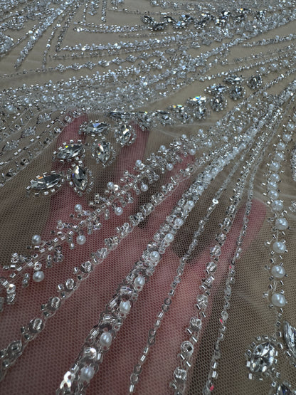 Rhinestone beaded lace with pearls swirl design