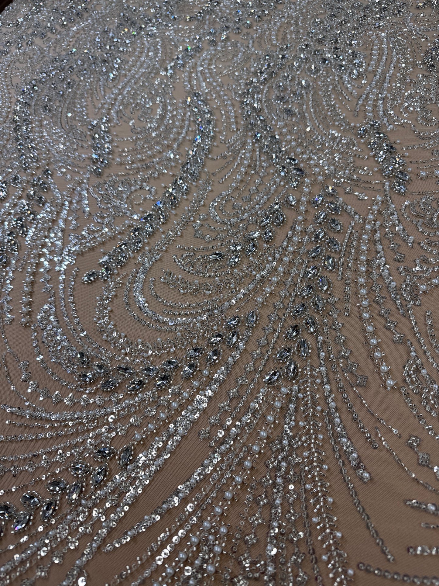 Rhinestone beaded lace with pearls swirl design