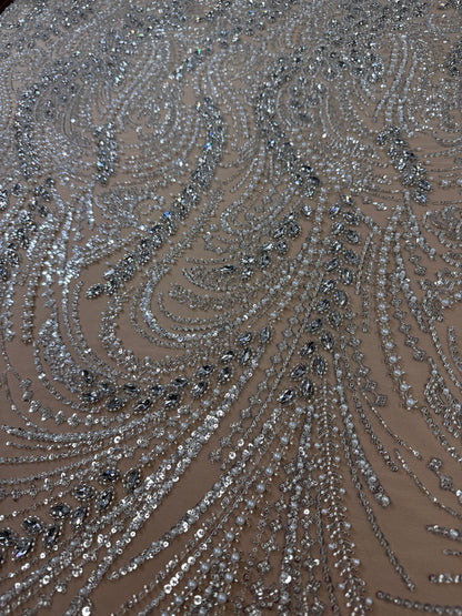 Rhinestone beaded lace with pearls swirl design