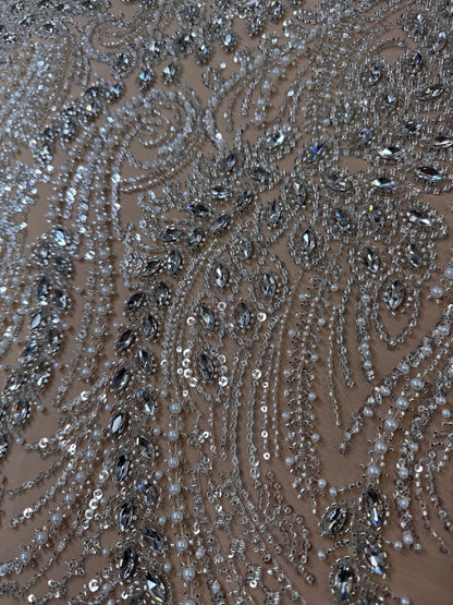 Rhinestone beaded lace with pearls swirl design