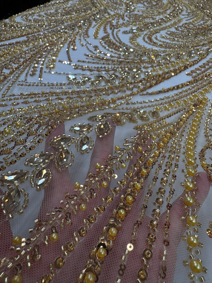 Rhinestone beaded lace with pearls swirl design