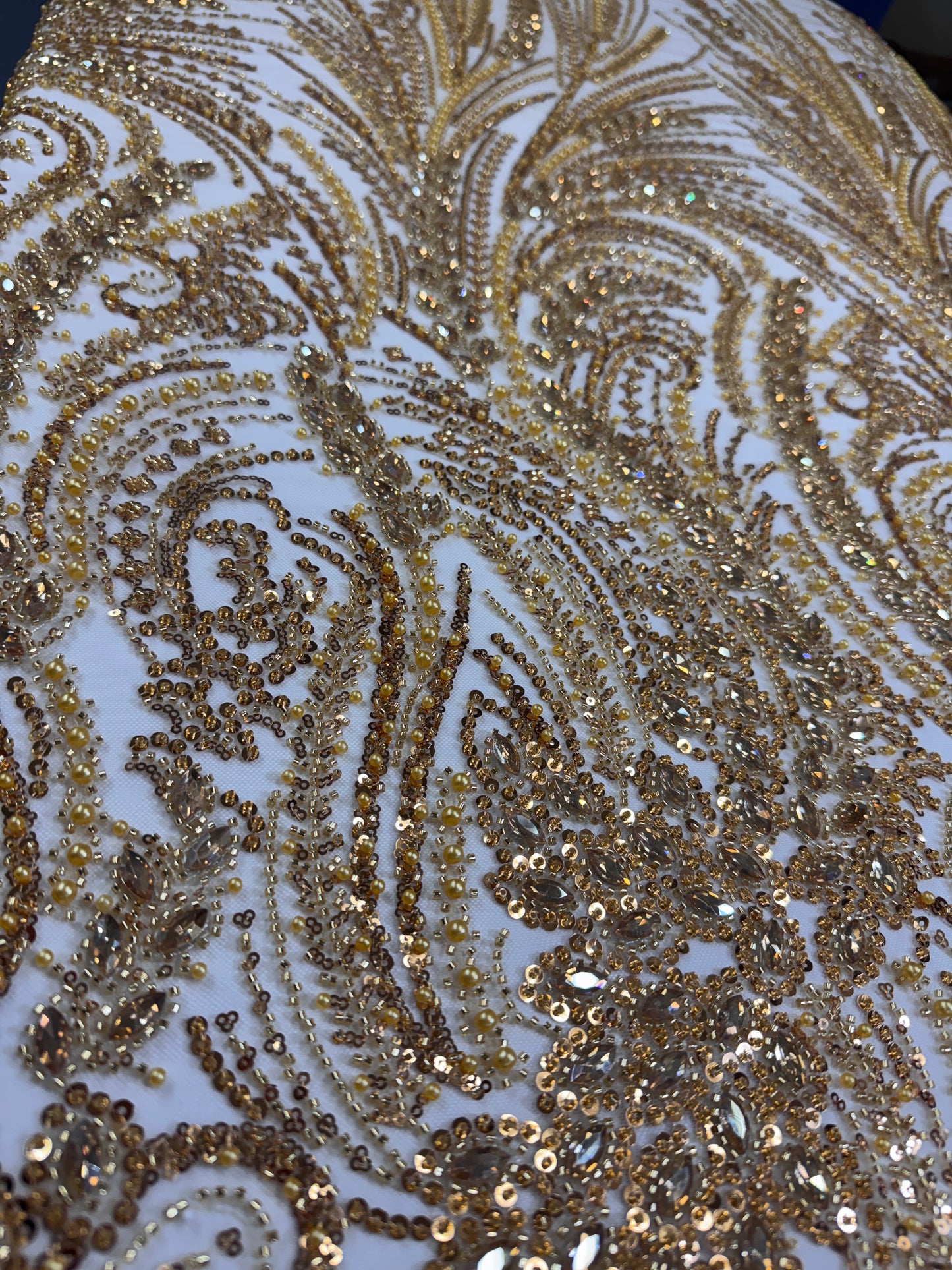 Rhinestone beaded lace with pearls swirl design