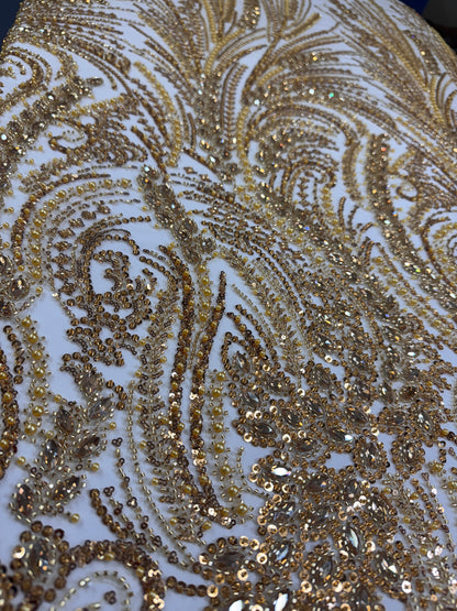 Rhinestone beaded lace with pearls swirl design