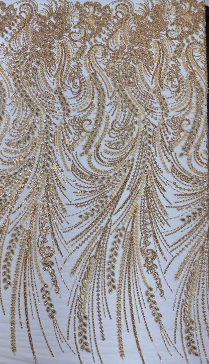 Rhinestone beaded lace with pearls swirl design