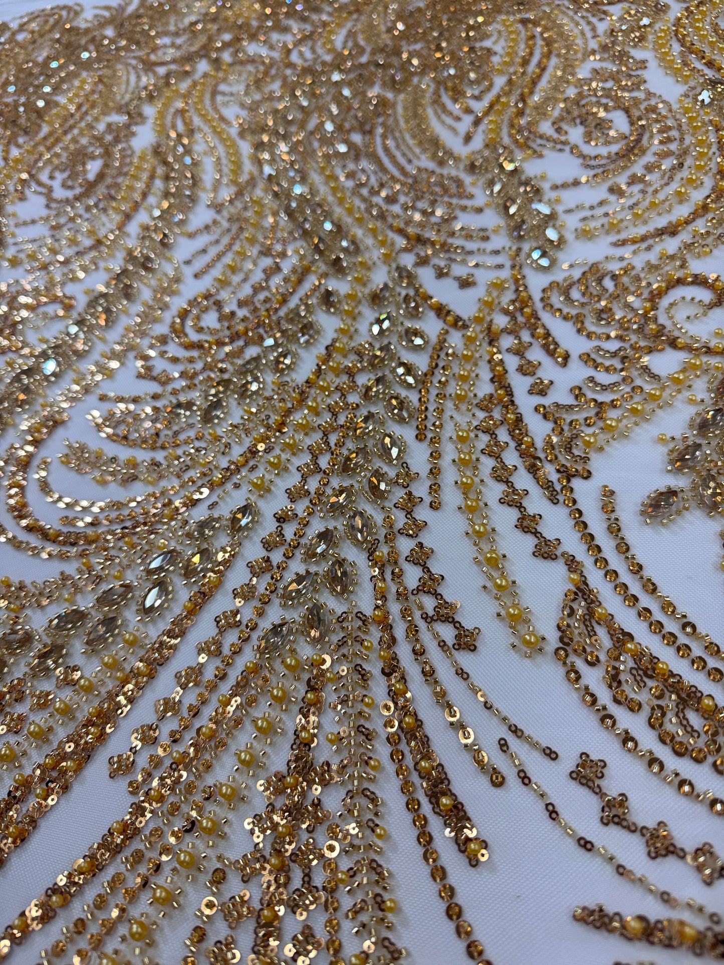Rhinestone beaded lace with pearls swirl design