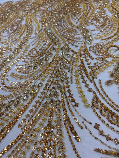 Rhinestone beaded lace with pearls swirl design