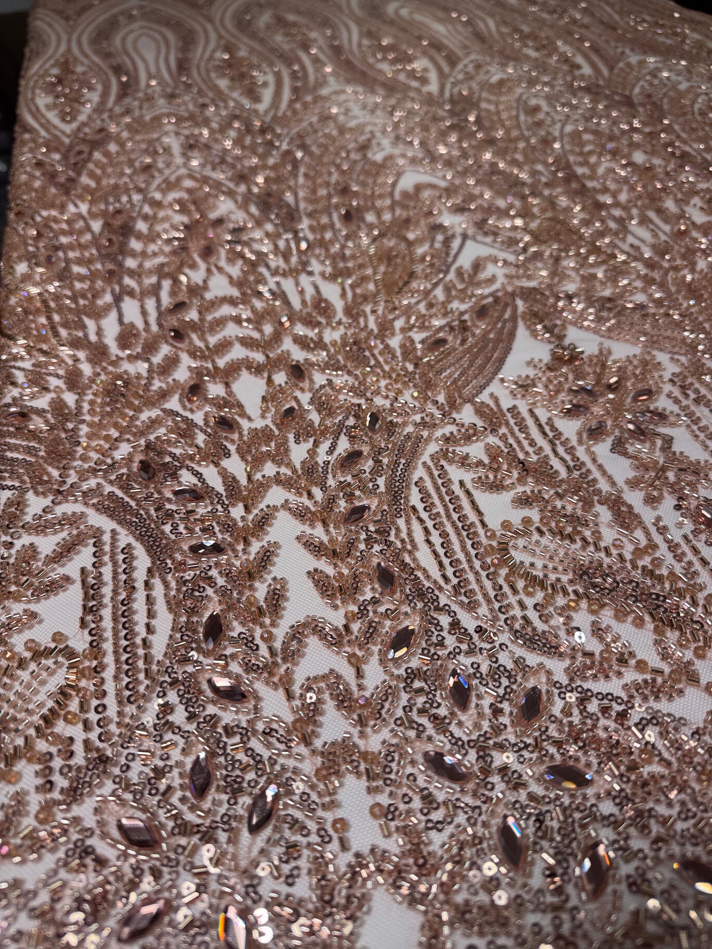 Cascade rhinestone beaded lace fabric