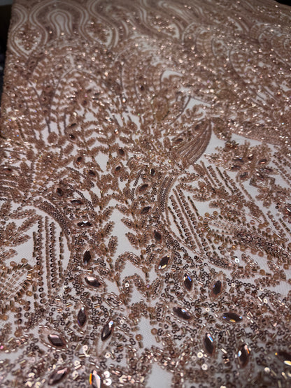 Cascade rhinestone beaded lace fabric