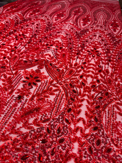 Cascade rhinestone beaded lace fabric