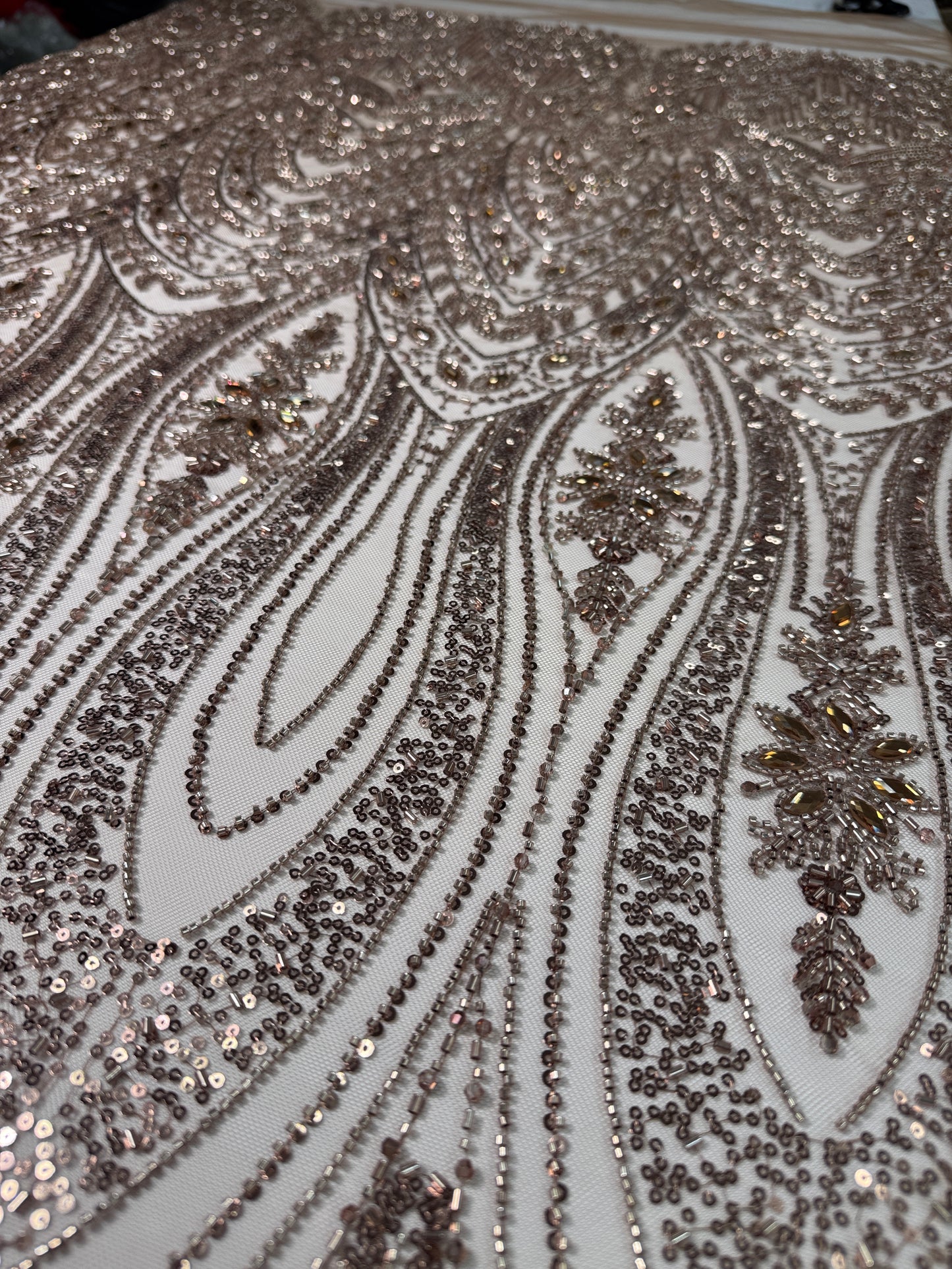 Cascade rhinestone beaded lace fabric