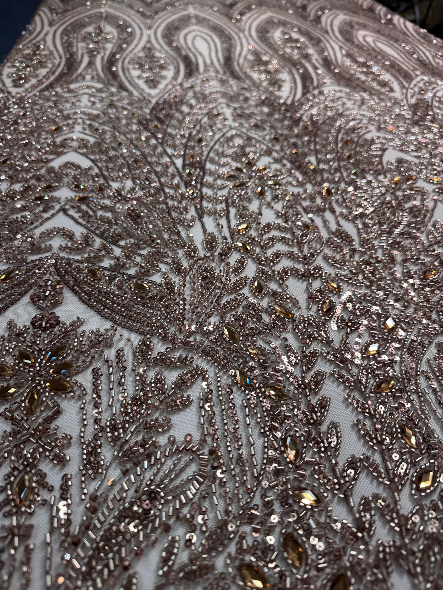 Cascade rhinestone beaded lace fabric