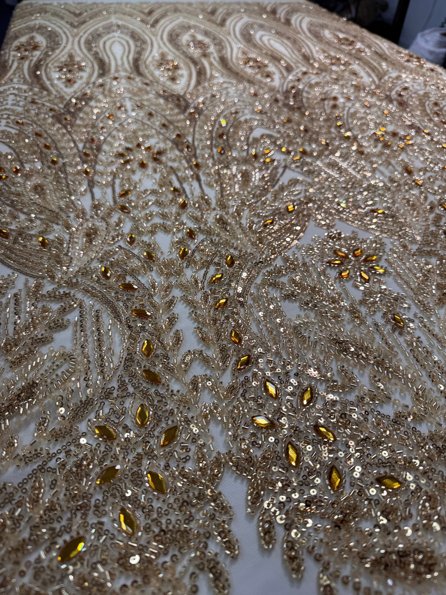 Cascade rhinestone beaded lace fabric