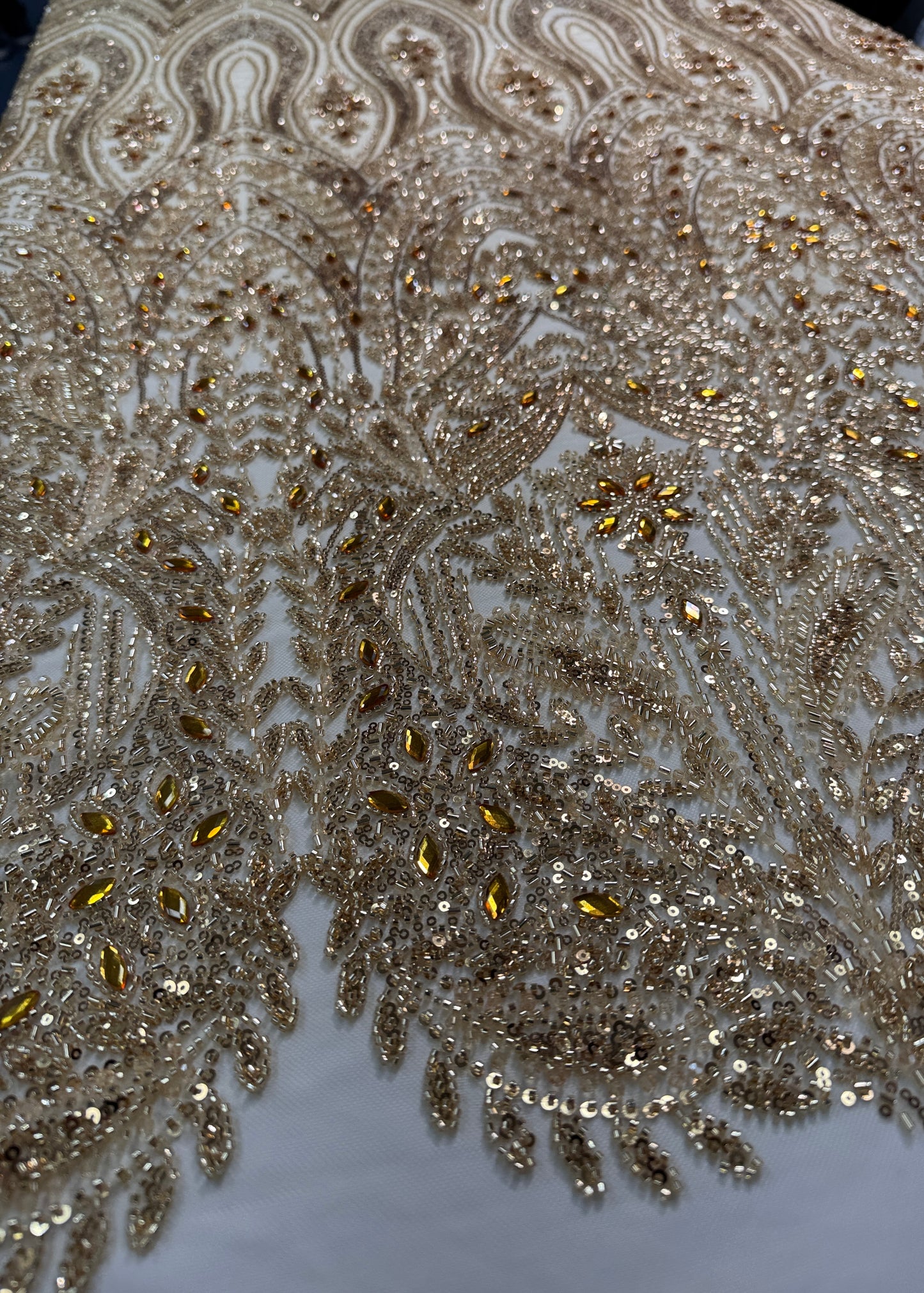 Cascade rhinestone beaded lace fabric