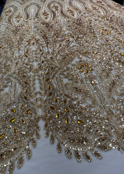 Cascade rhinestone beaded lace fabric