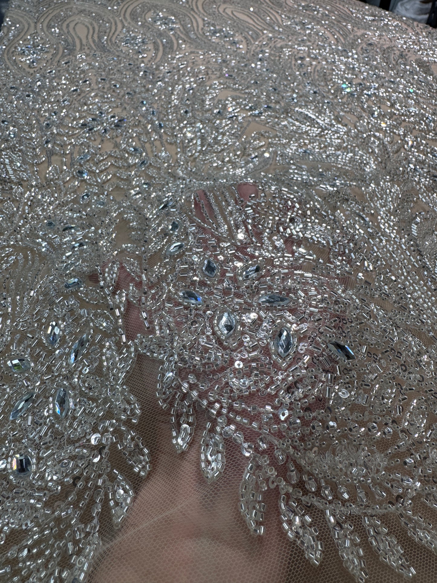 Cascade rhinestone beaded lace fabric