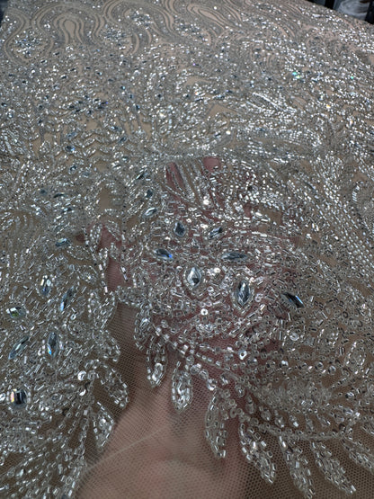 Cascade rhinestone beaded lace fabric