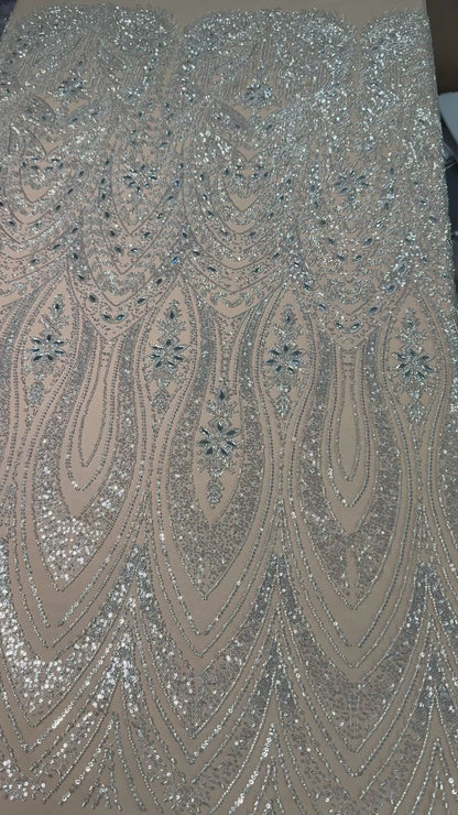 Cascade rhinestone beaded lace fabric