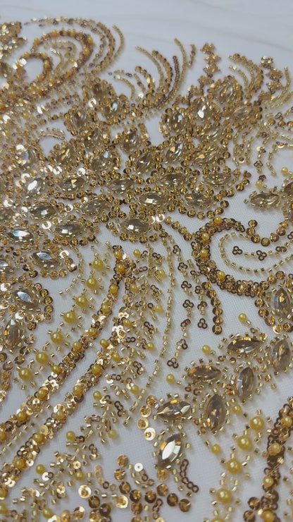 Rhinestone beaded lace with pearls swirl design