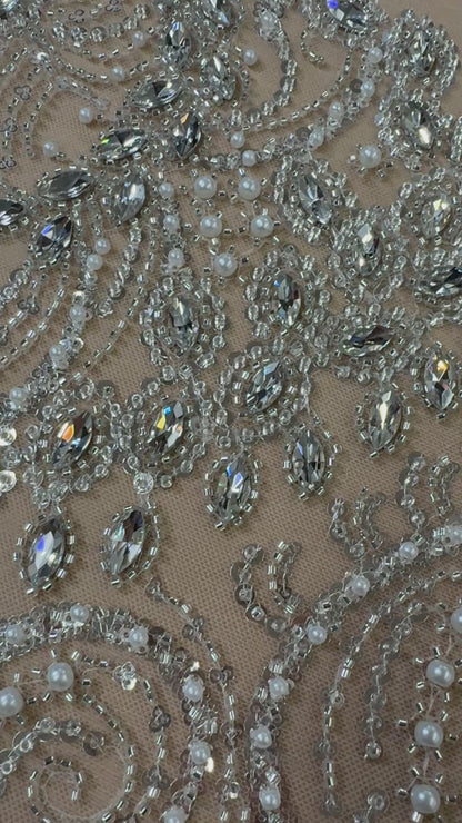Rhinestone beaded lace with pearls swirl design